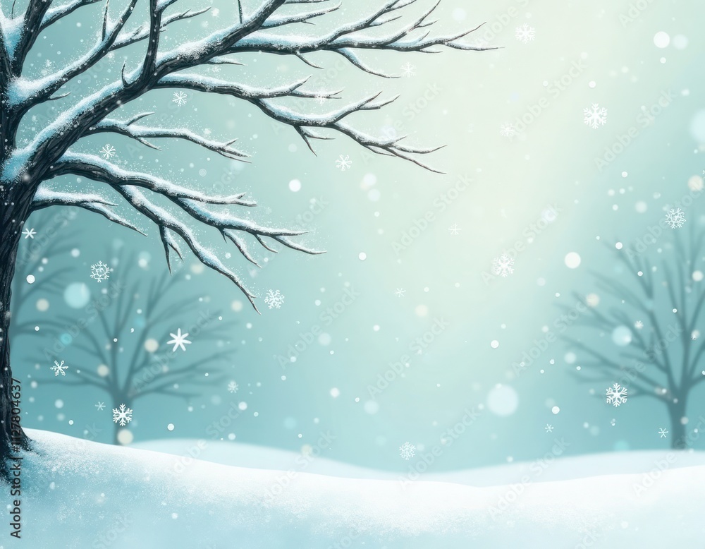Poster snowy winter scene with bare tree branches laden with snow. soft light and snowflakes softly fall on