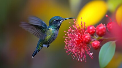 Fototapeta premium Vibrant hummingbird in flight, feeding from a bright red flower.