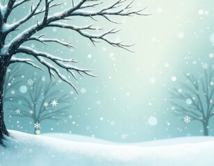 Snowy winter scene with bare tree branches laden with snow. Soft light and snowflakes softly fall on a landscape of snow-covered ground. Peaceful winter wonderland.