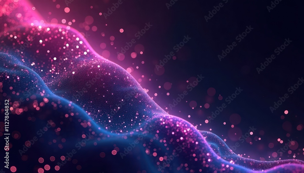 Poster abstract design with dynamic purple, blue neon lines on dark background. particles, light effects cr