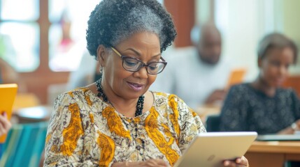 Financial literacy workshop with participants using tablets to learn about savings and investments