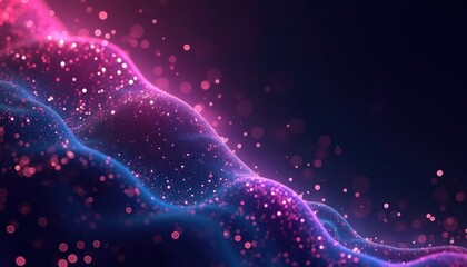 Fototapeta premium Abstract design with dynamic purple, blue neon lines on dark background. Particles, light effects create flowing wavy pattern. Great for tech creative digital art backgrounds. Abstract design fits