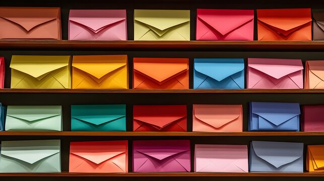  Various colored and categorized mail envelopes displayed on a shelf, sorted by type and category from a front view 