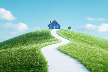 Fototapeta premium A serene landscape featuring a blue house on a hill with a winding path and grassy fields.