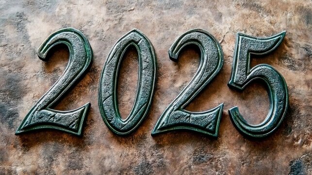 Ornate metal numerals display the year two thousand twenty five - Powered by Adobe
