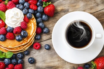 Delicious pancakes with berries and coffee cozy kitchen setting food photography rustic environment top-down view culinary delight