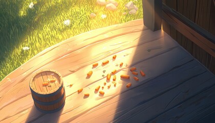 Scattered carrots on sunlit wooden floor outdoor garden nature scene soft lighting close-up view serenity concept