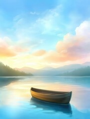 Serene sunset reflection on calm lake with rowboat mountains in background nature scene tranquil environment wide angle view