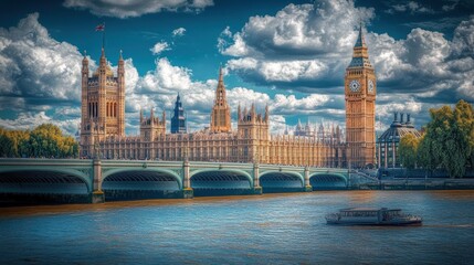 Naklejka premium London's Houses of Parliament, Big Ben, river, bridge, boat.