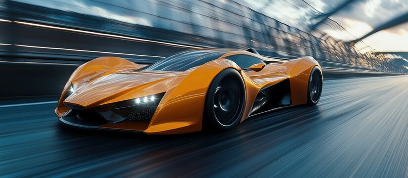 shiny orange car speeds down highway leaving streaks of lights moton blurr sports racing car 