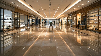 Obraz premium Luxurious Empty Retail Corridor with Polished Floors and High-End Boutiques