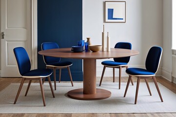 Elegant Minimalist Dining Setting with a Circular Wooden Table and Chairs in Cobalt and Ivory Shades