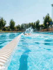 Competitive swimming action outdoor pool sports photography clear water environment low angle viewpoint fitness concept