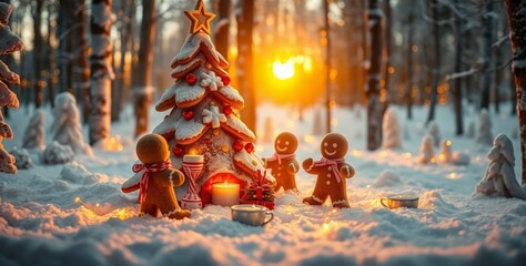 Winter scene capturing the Christmas spirit in the middle of a snowy forest. Gingerbread cookie figures, enjoying the snowy surroundings.