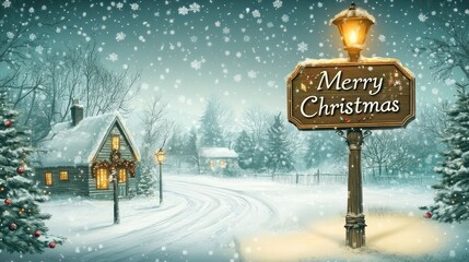 Snowy Christmas Village Scene with Merry Christmas Sign