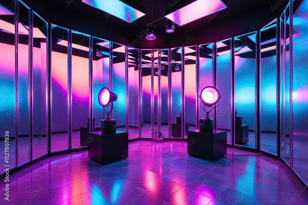 Poster dynamic three-dimensional digital wallpaper with mirrored panels and vivid light projector in an iri