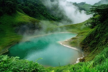A stunning hot spring located in a vibrant green valley.