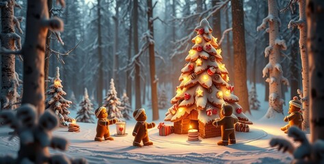 Winter scene capturing the Christmas spirit in the middle of a snowy forest. Gingerbread cookie figures, enjoying the snowy surroundings.