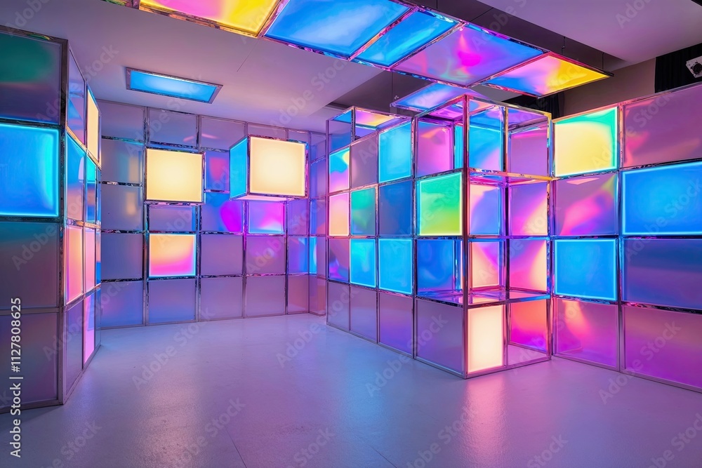 Poster vibrant three-dimensional thematic backdrop with luminous iridescent neon cubes and dynamic light pl