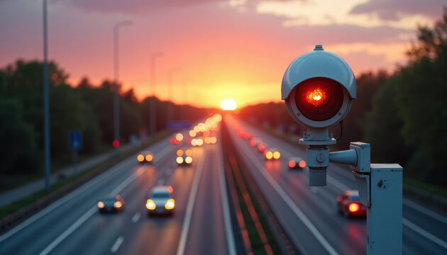 Ring road speed camera monitors traffic flow on highway at sunset. Improved traffic safety key concept. Camera enforces speed limits. Automated enforcement system improves compliance. Cars visible on