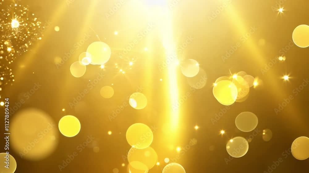 Poster golden background with shimmering bokeh lights and floating sparkles