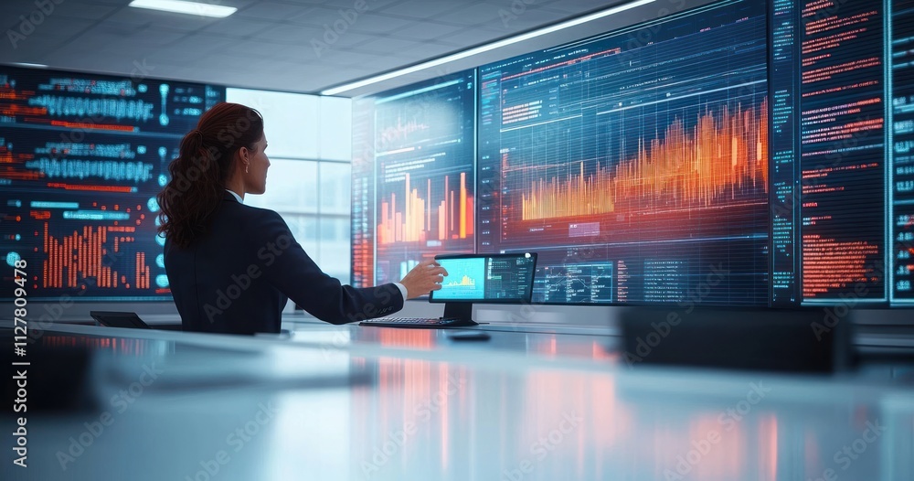 Poster senior data scientist analyzing risk management reports on digital screen in modern office with dive