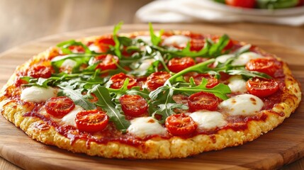 Gluten-free pizza with a cauliflower crust, topped with arugula, cherry tomatoes, and mozzarella, styled on a wooden pizza board