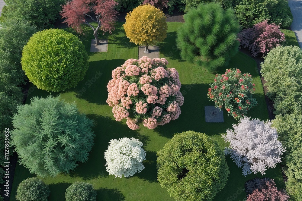 Poster overhead view of flowering shrubs and ornamental trees in 3d rendering for educational visual exhibi