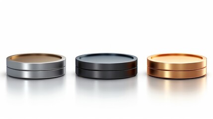 Three metallic cylindrical podiums; bronze, silver, gold; isolated on white background.