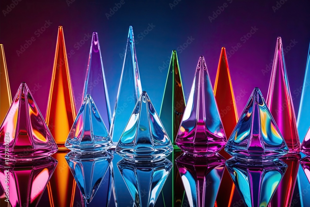Poster enchanting three-dimensional visual backdrop of glass prisms with electric neon color gradient