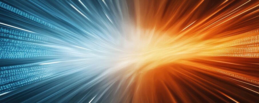 Digital binary code background with blue and orange light streaks