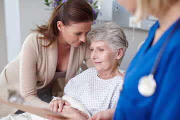 Obraz premium Elderly mother, daughter and nurse in hospital for medical exam, consultation or doctors appointment. Female people, senior care and support in clinic for visit, healthcare services or cancer patient