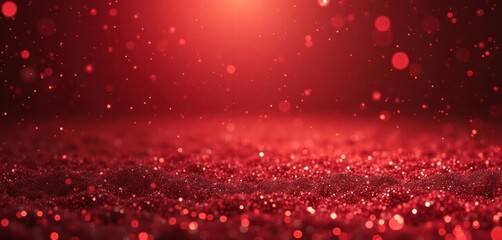 Festive red glitter abstract background with sparkling particles. Red glitter texture creates festive mood. Abstract pattern of red glitter creates festive design. Suitable for holiday card design