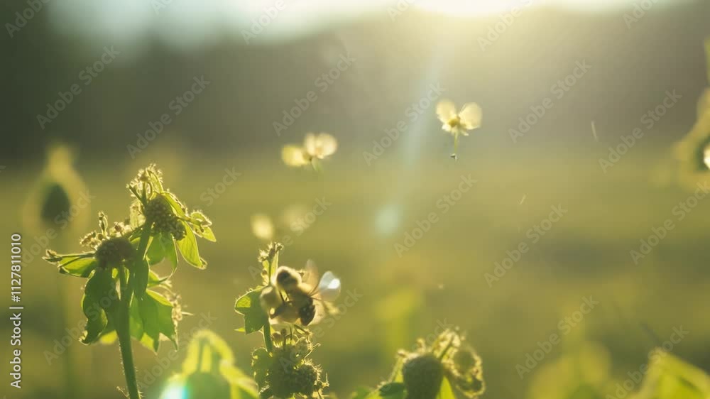 Poster Static video focuses on a patch of clover sprouts in a meadow, bees buzz around collecting pollen
