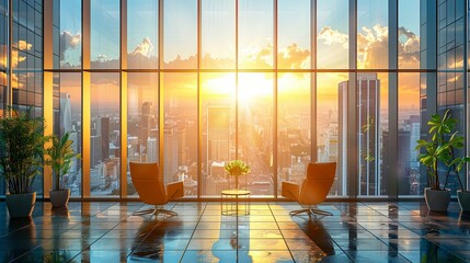 Sunset cityscape view from a modern high-rise office with two armchairs.