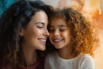 Obraz premium Mother and Daughter Smiling Together in Cozy Home Embracing Love and Joyful Bonding