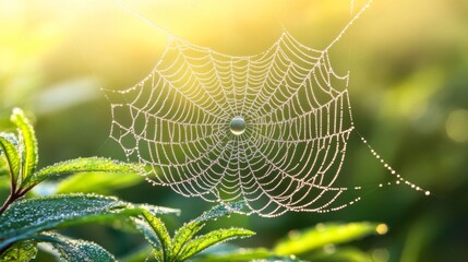Dewdrops Adorn A Spiders Web In Morning Sunlight