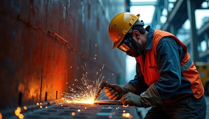 Worker in safety gear welds steel plates on large ship hull. Sparks fly intensely. Shipbuilding industrial scene. Close-up view of focused work. Construction site. Focused shipbuilder. Steelwork in
