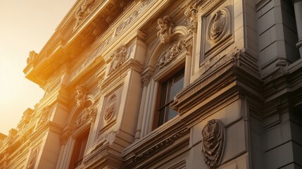 Obraz premium Government building with intricate historical carvings, photographed during golden hour