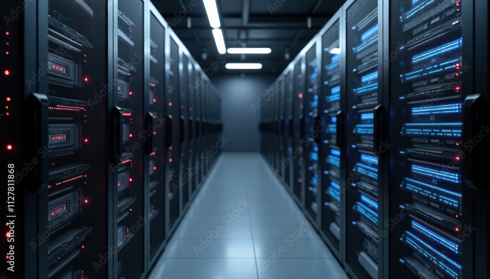 Poster secure data center server room. rows of dark server racks lined up in data center. lights on servers