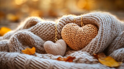 Knitted hearts rest on a cozy autumn sweater