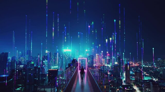 Businessman is walking on a skywalk towards a glowing portal above a futuristic city. 3D rendering