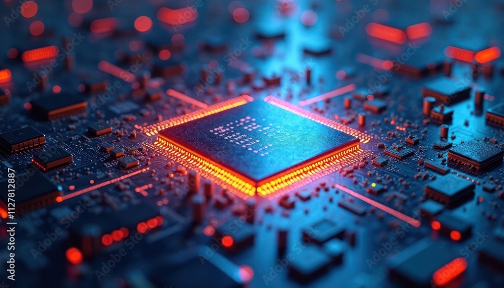 Poster extreme close-up view of quantum processor chip. superconducting qubits, quantum computing architect