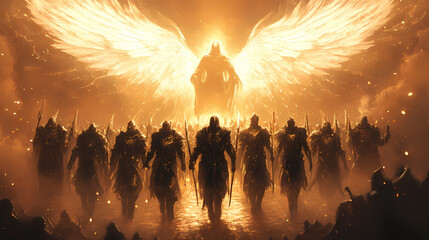 Holy knights in formation, silhouette of godlike figure with light wings above, divine radiance, epic fantasy, detailed, digital painting. Radiance. Illustration
