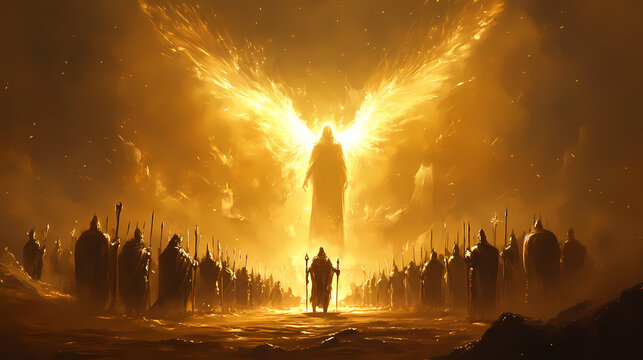 Holy knights in formation, silhouette of godlike figure with light wings above, divine radiance, epic fantasy, detailed, digital painting. Radiance. Illustration