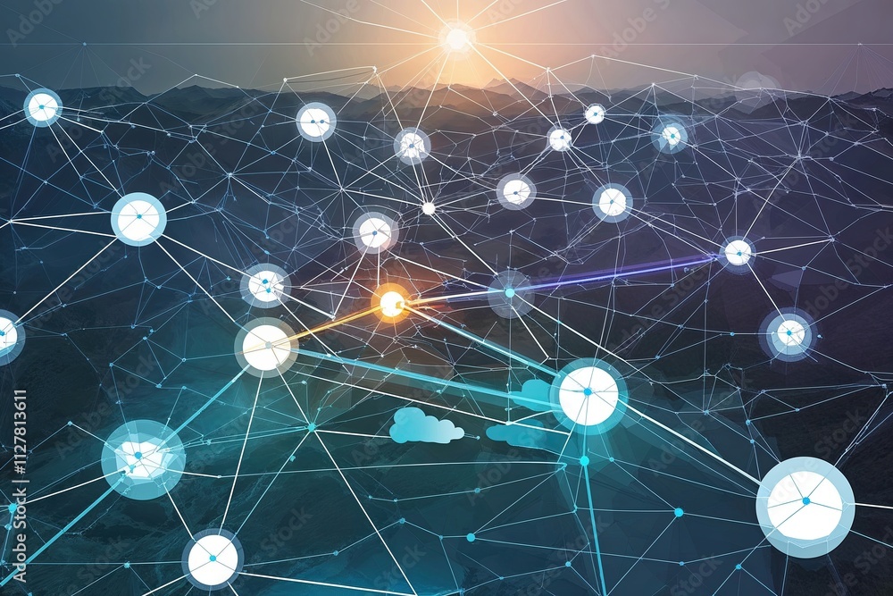 Aufkleber abstract network landscape with geometric connections and data flow vectors