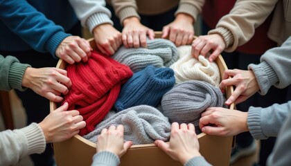 Many hands fill box with warm knitted clothes. Community effort prepares for winter. Sharing and giving concept. Group action. Donating winter wear. Helping others.
