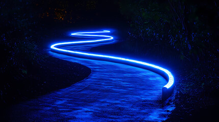 Long exposure photograph of blue neon light trails on a curved path against a dark background, evoking a sense of motion and speed. Radiance. Illustration