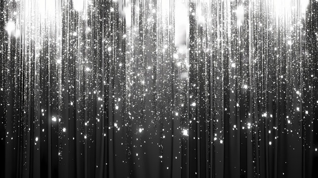 Luxurious silver curtain backdrop with glittering rain-like effects, perfect for new year or christmas celebrations, with ample copy space for festive messages or designs. Radiance. Illustration