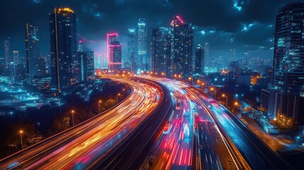 Fototapeta premium Futuristic Urban Nightscape with Neon Lights and Dynamic Traffic in a Smart City Concept